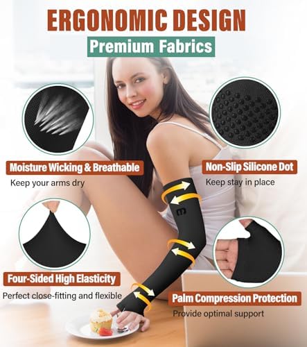 MGANG Lymphedema Compression Arm Sleeve with Gauntlet for Women Men, Opaque, 20-30 mmHg Medical Graduated Compression Full Arm Support, Thumb Lymph Edema Arm Sleeve, Pain Relief, Arthritis, Black XL
