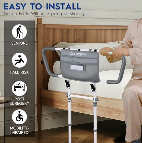 Bed Rails for Elderly Adults Safety – Foldable & Adjustable Bed Assist Rail with Motion Sensor Light & Storage Pouch, Non-Slip Handle, Tool-Free Assembly, Fits King, Queen, Full, Twin Beds
