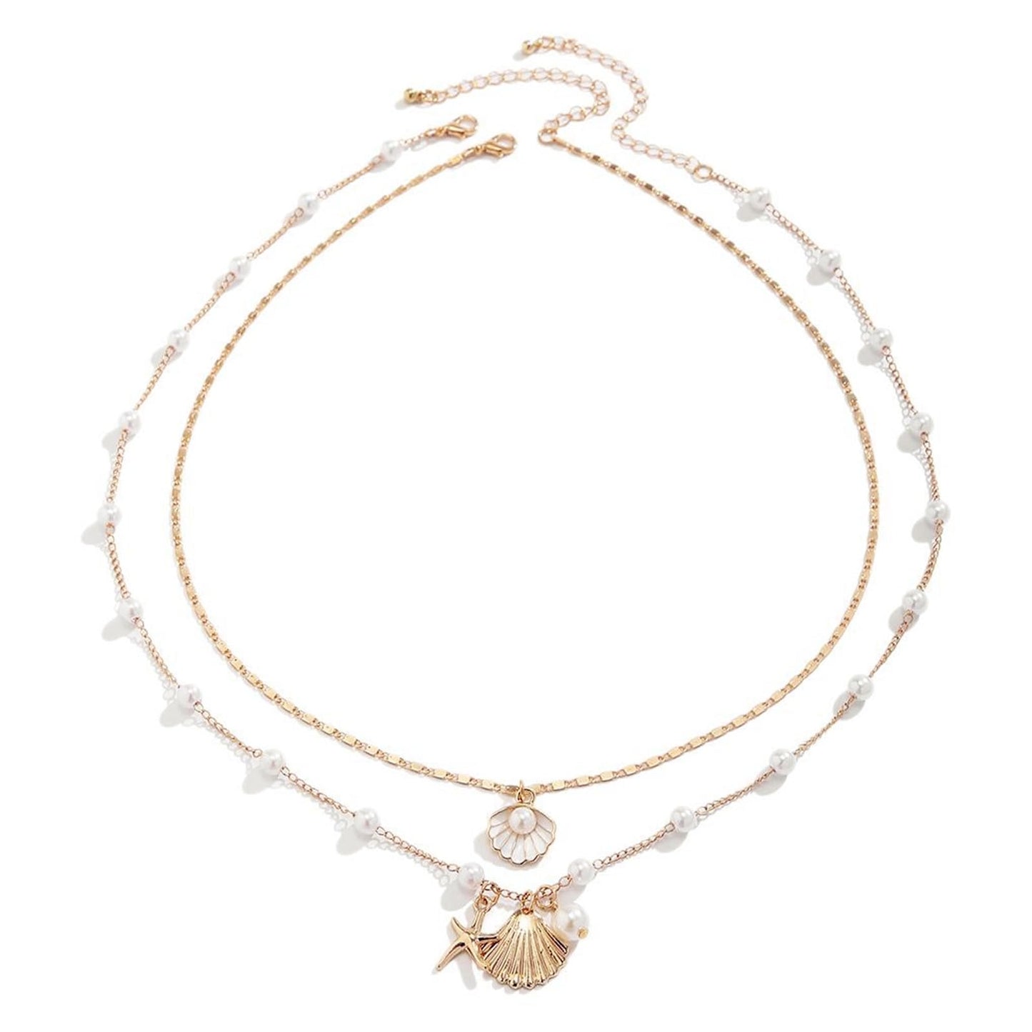 Boho Starfish Seashell Layered Necklace Gold Silver Plated Dainty Charm Double Layer Sea Shell Lucky Stars Ocean Animal Chain Necklace for Women Hawaiian Summer Beach Vacation Jewelry Gifts (White)