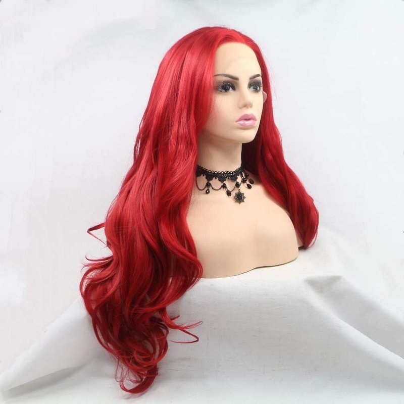 Melody Synthetic Lace Front Red Wigs Long Body Wave Hair Heat Resistant Fiber Hair Wigs For Women Cosplay Part Wigs High Density 24Inches Red color