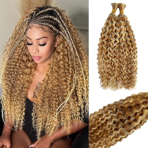 Blonde Braiding Hair 100g 28 Inch Water Wave 2 Bundle Bulk Human Hair for Braiding Highlight Honey Blonde Curly Hair Extensions for Boho Braids Wet and Wavy Human Braiding Hair