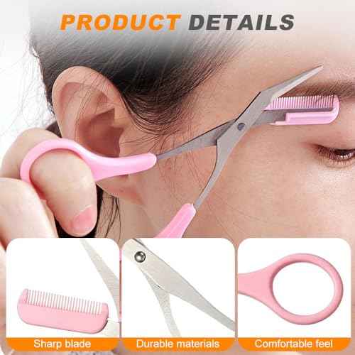 Eyebrow Trimmer Scissor, 2024 New Eyebrow Scissors with Comb Eyebrow Trimmer for Women Men, Non-Slip Eyebrow Cutter Eye Brow Razors Eye Brow Shaper Trimming Scissors Makeup Tool (Pink)