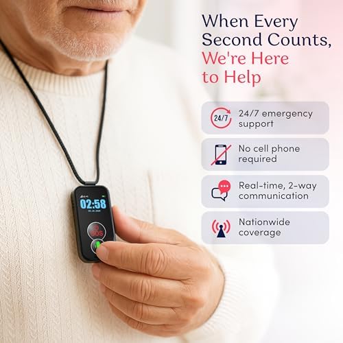 Cellular Medical Alert Necklace with Emergency Button for Elderly, 24/7 Monitoring, Fall Detection for Seniors, Water-Resistant, Wearable Pendant with 2-Way Communication, GPS Tracking