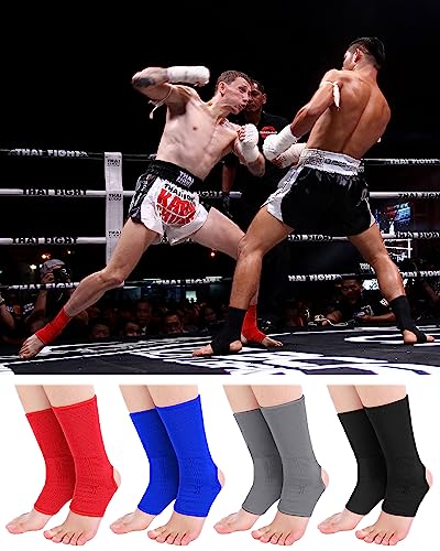 Handepo 4 Pairs Muay Thai Ankle Wraps MMA Compression Foot Sleeve Ankle Braces Sock Support for Men Women Kickboxing Martial Arts Gym Running Sports(Black, Red, Blue, Gray)
