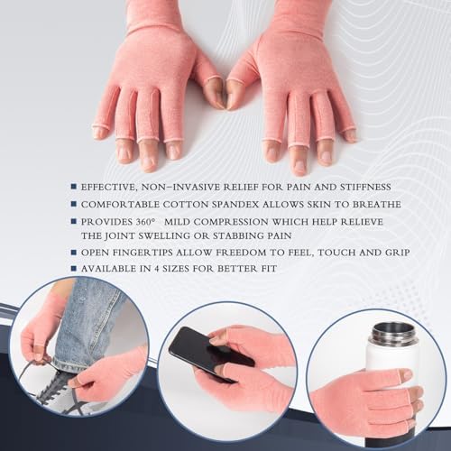 2 Pairs Arthritis Compression Gloves for Women Men, Fingerless Breathable & Moisture Wicking Compression Gloves for Relieving Carpal Tunnel Aches, Rheumatoid Pains, Joint Swell Pink M