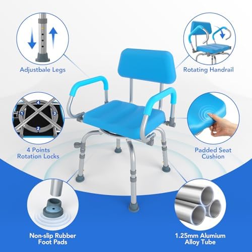 360° Swivel Shower Chair, Adjustable Shower Seat with Arms and Back & Soft Padded Seat for Bathtub, Non-Slip Rotating Bathtub Chair for Seniors Elderly Disabled Bariatric Pregnancy, 4-Level Height