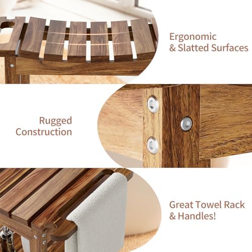 Shower Benches for Inside Shower to Sit on, Acacia Wood Bathroom Bench with Storage, Waterproof Shower Seat for Inside Shower, with Handles & Shower Head Holder, No-Slip