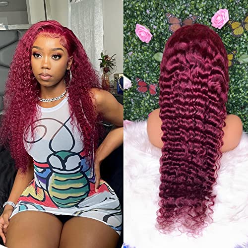 Burgundy Lace Front Wigs Human Hair 24Inch Brazilian Virgin Deep Wave Red Lace Front Wigs Human Hair 180% Density 99j Burgundy Frontal Wig Human Hair(24Inch, 99j Burgundy)