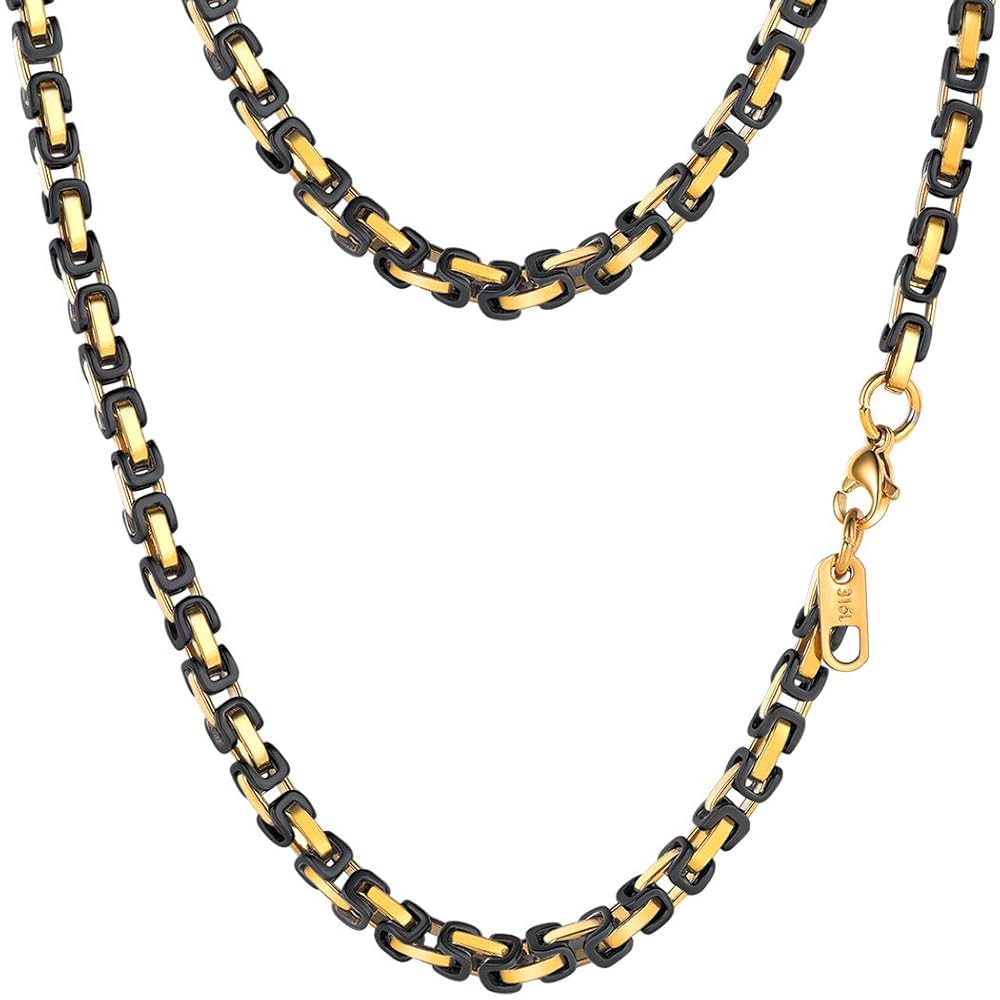 PROSTEEL Byzantine Necklace Gold Black Stainless Steel Chain For Men Necklaces 24 Inch