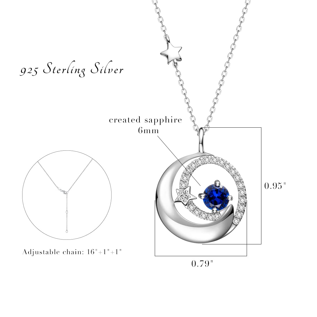 FANCIME Moon Star Necklaces September Birthstone Blue Sapphire Pendant Jewelry 925 Sterling Silver Birthday Anniversary Mothers Day Gifts for Women Mom Daughter, Adjustable Chain 16"+2"