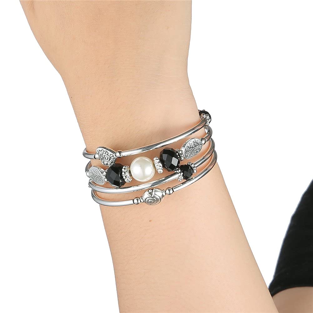 PEARL&CLUB Bead Crystal Wrap Bangle Bracelet - Fashion Jewelry Beaded Bracelet with Silver Metal, Gifts for Women(92-Black)