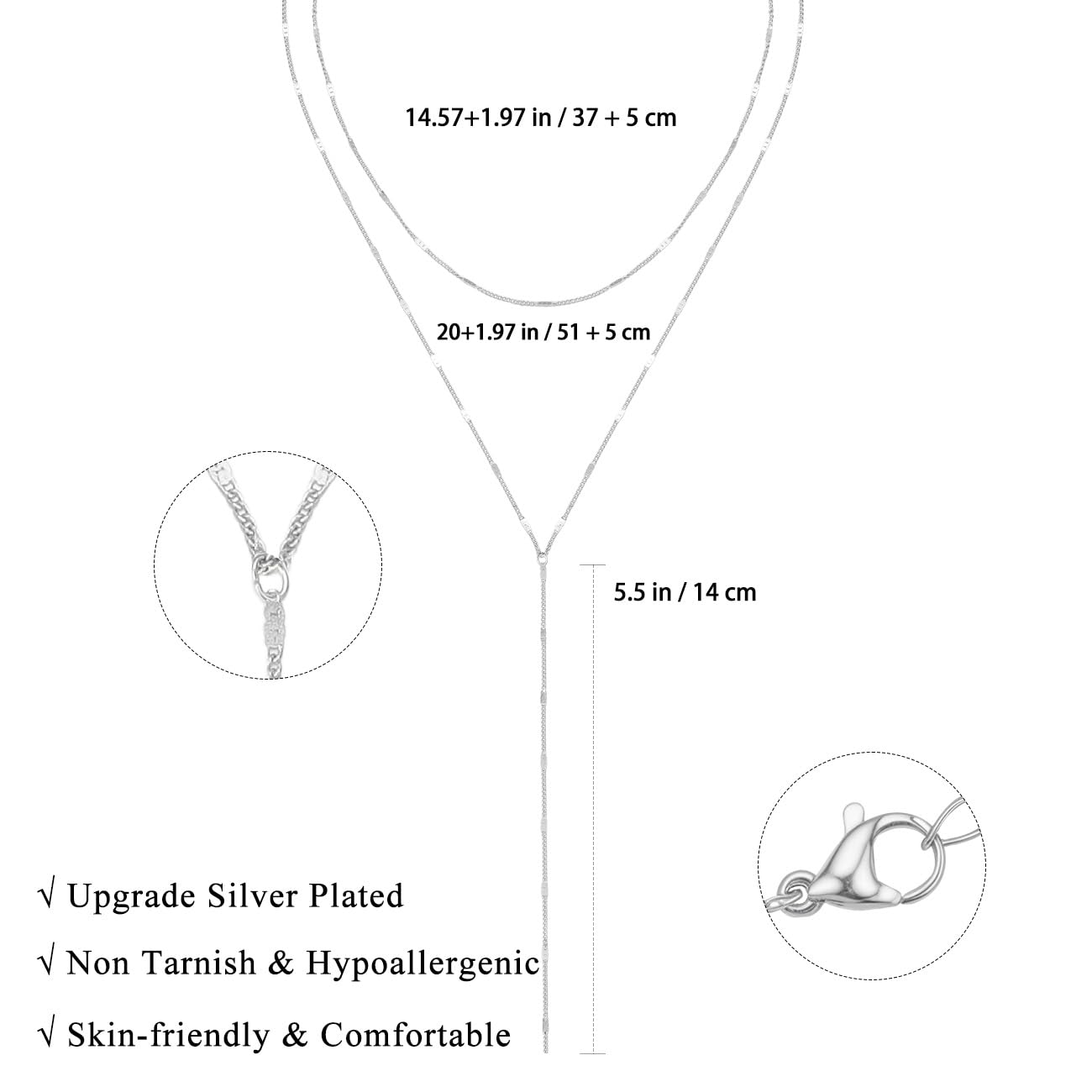 Yowivon Silver Necklace for Women, Dainty Long Necklace Silver Plated Y-Shaped Layered Pendant Beaded Chain Drop Necklaces Trendy Simple Gold Jewelry for Women Set Gifts