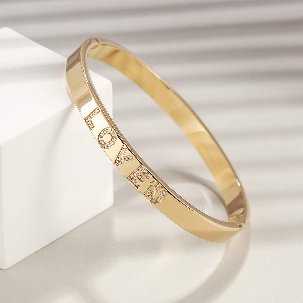WISTIC Gold Plated Bangle Bracelet for Women, Silver Engraved Letter Cuff Bracelet with CZ, Fits 6.0–7.0 Inch Wrist, 2.4in Inner Dia., Rose Gold Stainless Steel Hinged Bangle Jewelry, LOVED, Gold