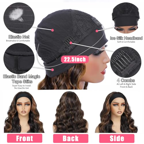 Highlight Ombre Headband Wig Human Hair 4/27 Highlight Body Wave Wigs Human Hair for Black Women Wear and Go Glueless None Lace Front Wigs Brazilian Virgin Headband Wig Human Hair 22 Inch