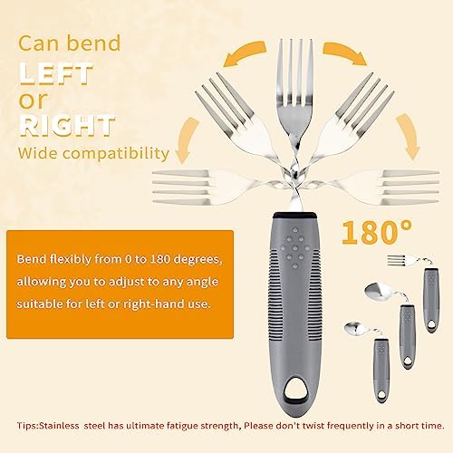 Weighted Utensils for Hand Tremors, Weighted Silverware for Parkinsons Patients Arthritic Hands, Built Up Utensils for Adults, Adaptive Eating Utensils (Grey-Bendable Utensils)