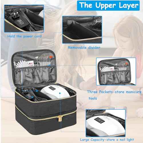 Nail Polish Carrying Case, Double-Layer Nail Polish Storage Bag- Fits Nail Dryer Lamp and 30 Bottles(15ml/0.5 fl.oz), Nail Polish Organizer bag with Adjustable Dividers for Manicure Set (Black)