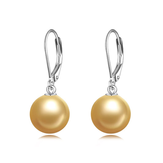 925 Sterling Silver Pearl Leverback Earrings Dangle Drop Jewelry Gifts for Women (Gold Pearl)