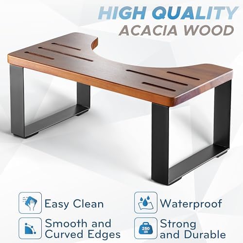 BLUEWEST Poop Stool, Acacia Wood Toilet Stool with Strong Steel Frame for Potty Training, 7 Inch Bathroom Step, Durable/Sturdy Support for Adults with Non-Slip Design