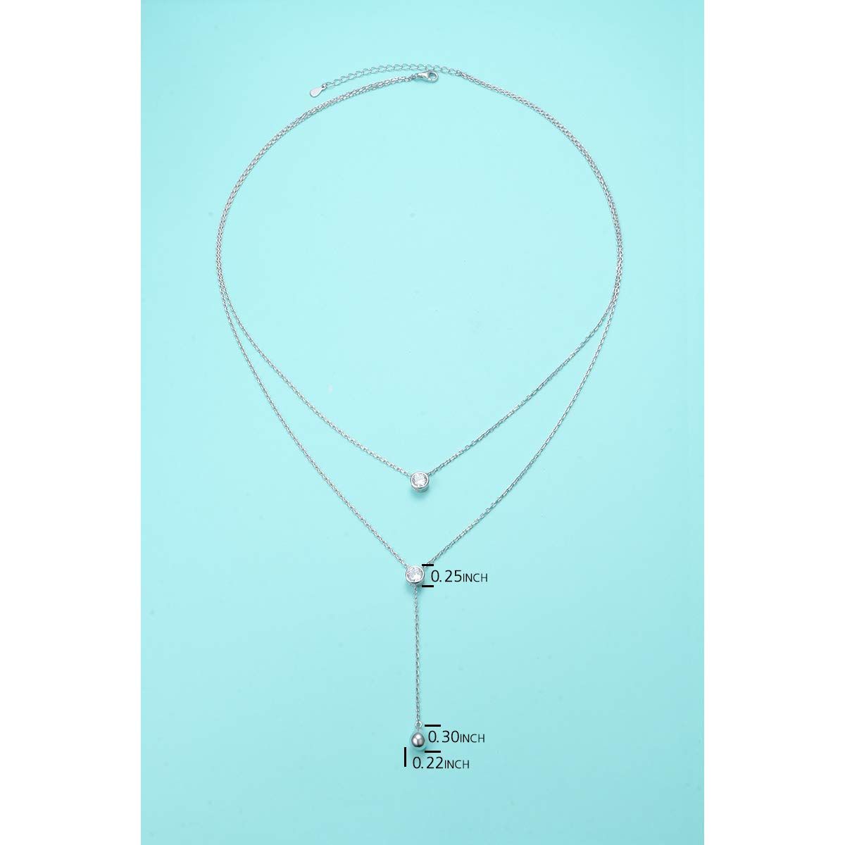 FLYOW Layered Necklace S925 Sterling Silver Teardrop Round CZ Double Choker Y Lariat Long Multilayer Necklace Birthday Present Mother Daughter Jewelry for Women Wife Fiancée