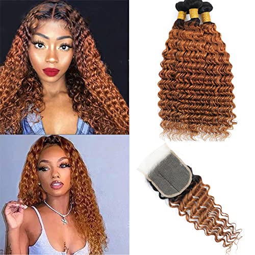 Ombre Deep Wave Human Hair 3 Bundles With 4x4 Lace Closure 1B/30 Brown Curly Bundles with Closure Unprocessed Brazilian Virgin Human Hair Extensions For Women (T1B/30,14 16 18+12)
