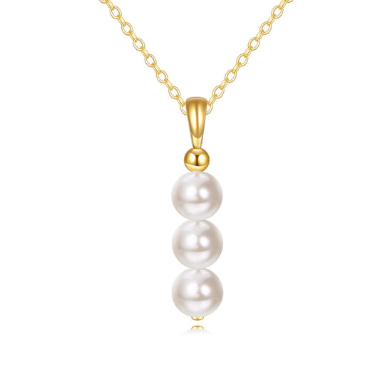 14K Yellow Gold Pearl Necklace for Women,Natural Freshwater Cultured 3 Pearl Necklace Gold Jewelry Gift (05-3 Pearl (6MM) Necklace)