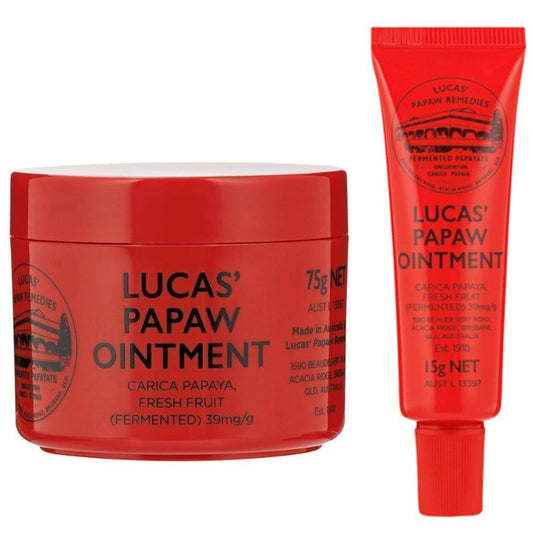 Lucas Papaw Ointment 75g Jar and 15g Tube with Lip Applicator — Fermented Papaya Skin Balm, Multipurpose Ointment, Made in Australia