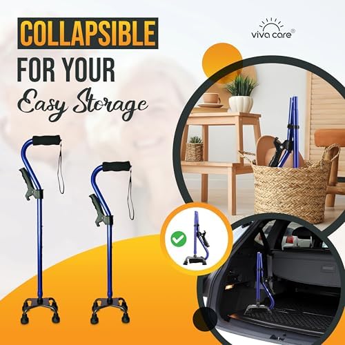 Walking Cane with 4 Prongs and Extra Side Handle – Adjustable, for Balance & Stability for Adults, Seniors, and Injured.