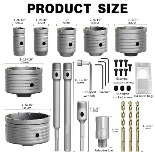 METOTY 22PCS Concrete Hole Saw Kit,30/40/50/65/80/100/110mm Masonry Hole Saw, with SDS Plus & Max Shank Drill Bit Sets, Masonry Hole Saw Tool Set for Concrete,Brick,Cement,Stone,Wall Drilling.