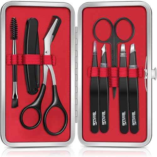 TsMADDTs Eyebrow Kit, 8 in 1 Eyebrow Trimmer Scissors, Tweezers for Women, Razor, Brush with Travel Bag, Tweezers Set for Women and Men, Professional Shaping Grooming Kit