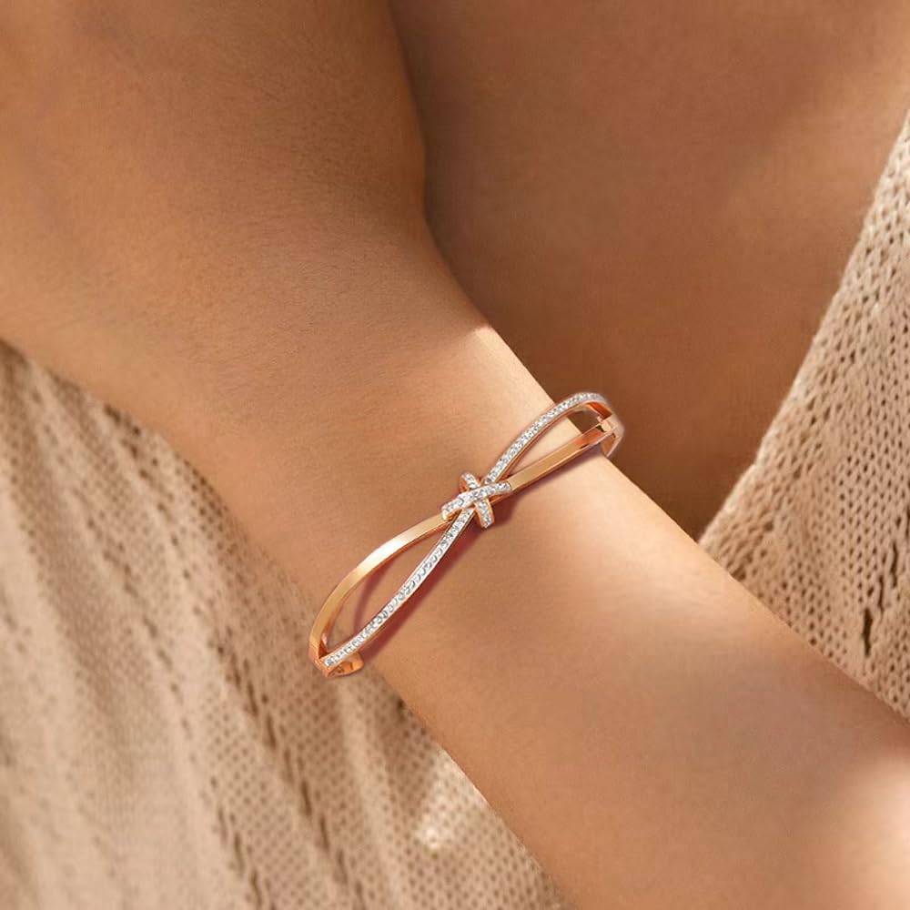 Bow Bangle Bracelet for Women Personalized Cubic Zirconia Stainless Steel Bracelets Oval Butterfly Knot Bangles Bracelets Gifts for Love （Rose）