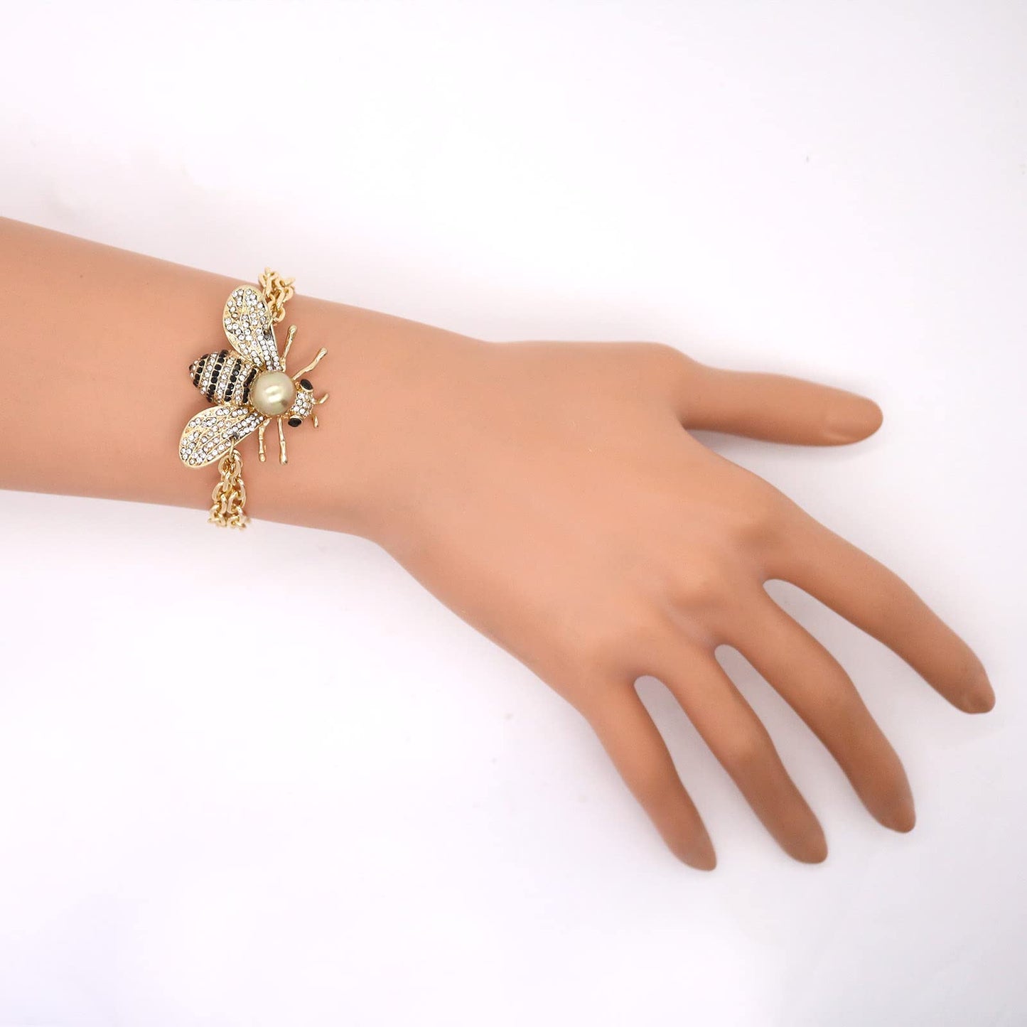 Honey Bee Turquoise Beaded Bracelet Crystal Insect Themed Bee Chain Link Bracelets Animal Fashion Shell Pearl Elastic Bracelets Gold Tone (Gold Pearl Chain)