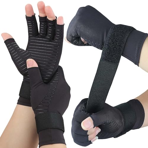 2 Pairs Pack Compression Gloves for Women Men, Copper Arthritis Gloves for Hand Pain Relief, Carpal Tunnel Wrist Support, Rheumatoid, Joint Swelling,Fingerless for Computer Typing(Large/X-Large)