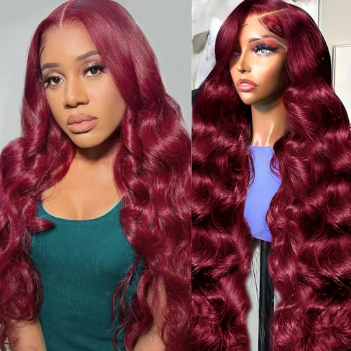 24 Inch 99j Burgundy Lace Front Wigs Human Hair 13x4 HD Red Burgundy Body Wave Wig Human Hair 200 Density Body Wave Lace Front Wigs Pre Plucked Glueless Frontal Wigs for Women