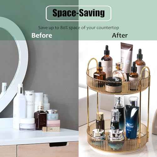Rotating Makeup Organizer Countertop 2 Tier Lazy Susan Trays Clear Skincare Perfume Storage for Bathroom Counter Vanity, Amber Gold