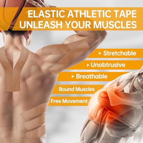 Dimora Uncut Kinesiology Tape, Original Cotton, 16' Elastic Athletic Tape for Muscle Pain Relief and Joint Support, 4 Rolls, Beige