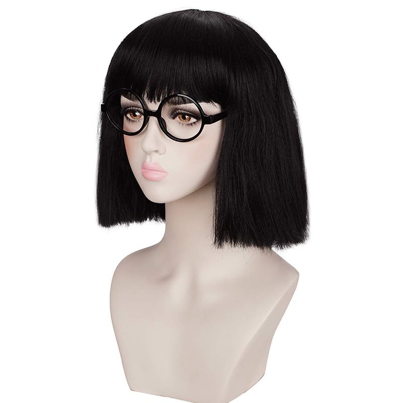 Black Medium Cosplay Wig with Cut Bangs for Women - Includes Glasses Frame