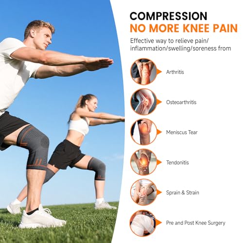 Compression Knee Brace for Women Men 2 Pack Compression Knee Sleeve Knee Brace for Knee Pain Arthritis Meniscus Tear Knee Support for Running Workout Wrestling Weightlifting Sport Athletics Orange XL