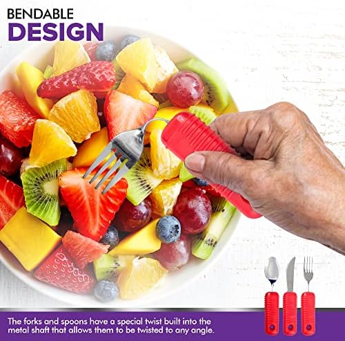3 Piece Super Easy Grip Red Flatware Set - Bendable Built Up Large Fork, Knife, and Spoon - Red