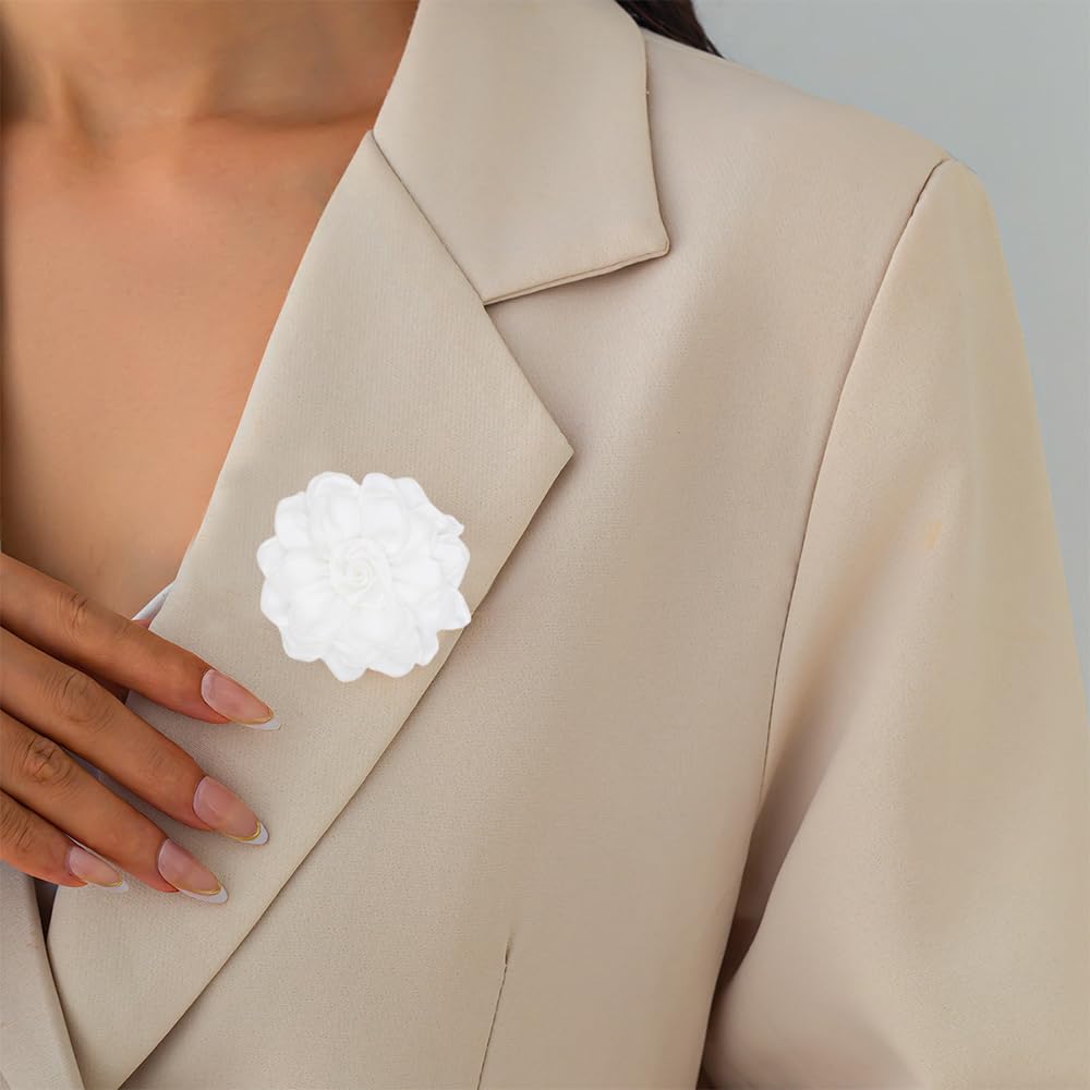 Elegant Large Cloth Flower Brooches Big Camellia Flower Pin for Women Dainty Cloth Fabric Rose Brooches Dress Skirt Scarf Hat Pins Clothing Decoration Accessories (White A)