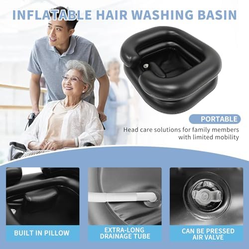 Inflatable Shampoo Basin, Portable Shampoo Bowl with Neck Support and Drain Hose for bedridden People, Portable Shampoo Sink for The Elderly, Disabled, Pregnant Women, Injured People (Black)