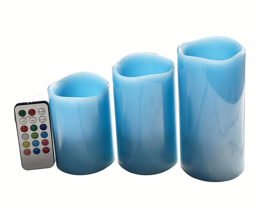 Adoria Blue Flameless Candles Set of 3- Real Wax Pillar Candles Battery Operated with Remote and Timer - Dia 3" XH4/5/6“，Ocean Scent,Color Changing for Home Decor. Wedding,Camping, Party