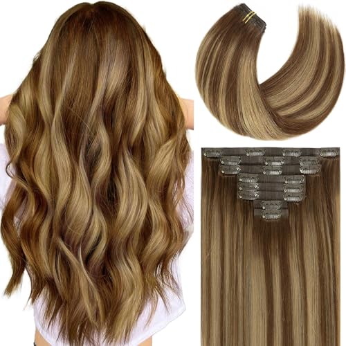 Caliee Seamless Clip in Hair Extensions Human Hair 14 Inch 115G Full Head Double Weft R4-4/27 Chocolate Brown to Caramel Blonde with Brown Roots 8Pcs Balayage Human Hair Clip in Extensions