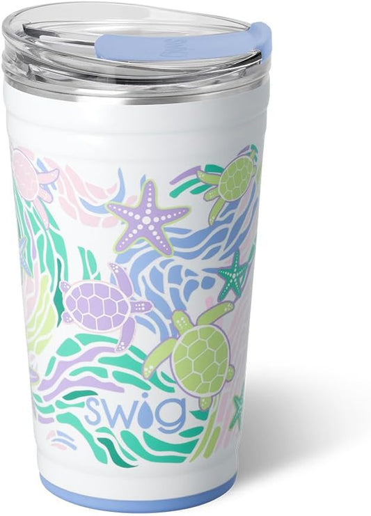Swig Life 24oz Party Cup, Stackable Insulated Travel Coffee Tumbler with EZ Slider Lid, Cup Holder Friendly, Stainless Steel 24 oz Tumbler, Reusable Coffee Mug (Sea Swirl)