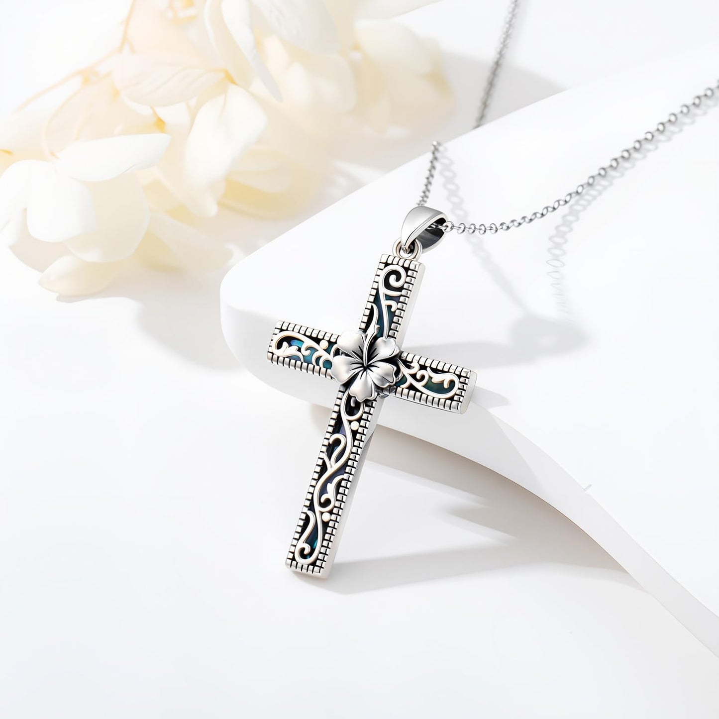 Hibiscus Necklace for Women 925 Sterling Silver Hawaiian Hibiscus Flower Necklaces Filigree Cross Religious Pendant Faith Hawaii Graduation Jewelry with Abalone Shell Mothers Day Gifts for Mom Sister Wife