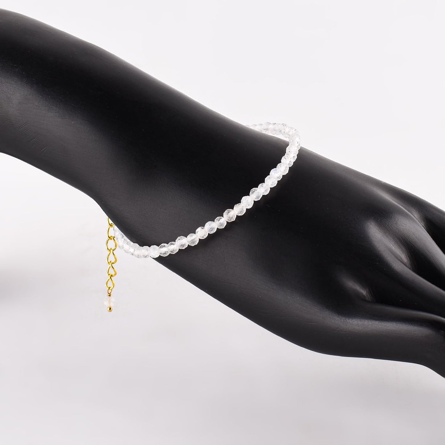 Natural White Moonstone Gemstone Micro Beads Dainty Beaded Bracelet Jewelry for Women, June Birthstone, Chakra Energy Crystals, 14k Gold Plated Chain 8 inch Adjustable, Gifts For Her