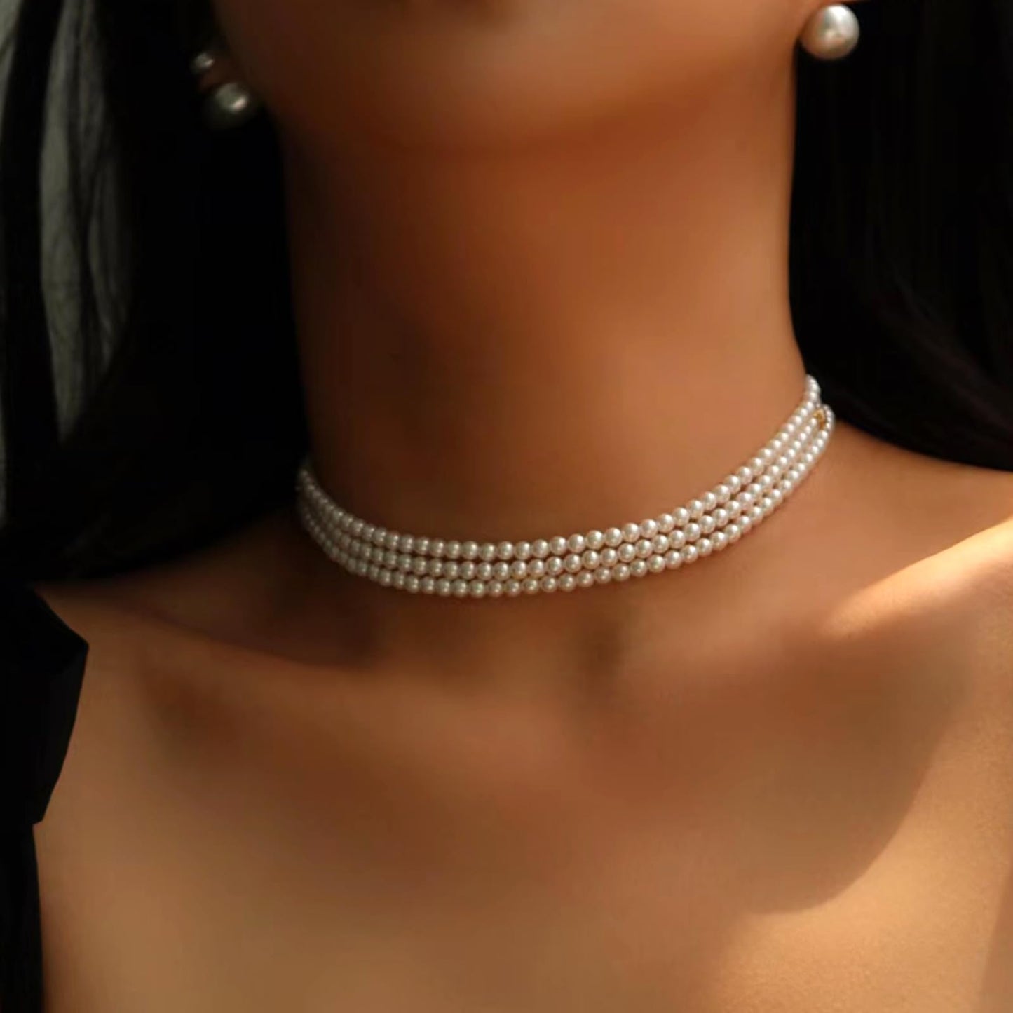 Zeffy Pearl Choker Necklace Round Imitation Pearl Necklace Multi Strands Choker Wedding Party Prom Vintage 1920s Short Choker Necklace for Women