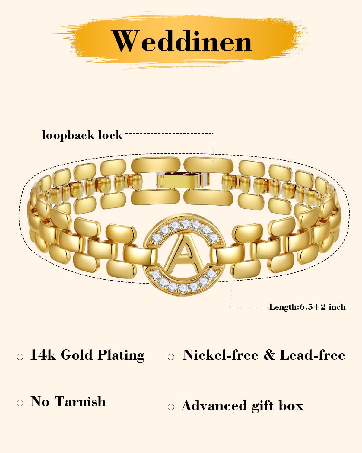 WEDDINEN Initial Bracelet,14K Gold Plated Letter Bracelets for Women, Thick Bangle Wrist Gold Alphabet Bracelet for Women, Gifts for Women Jewelry Initial Charm Chain