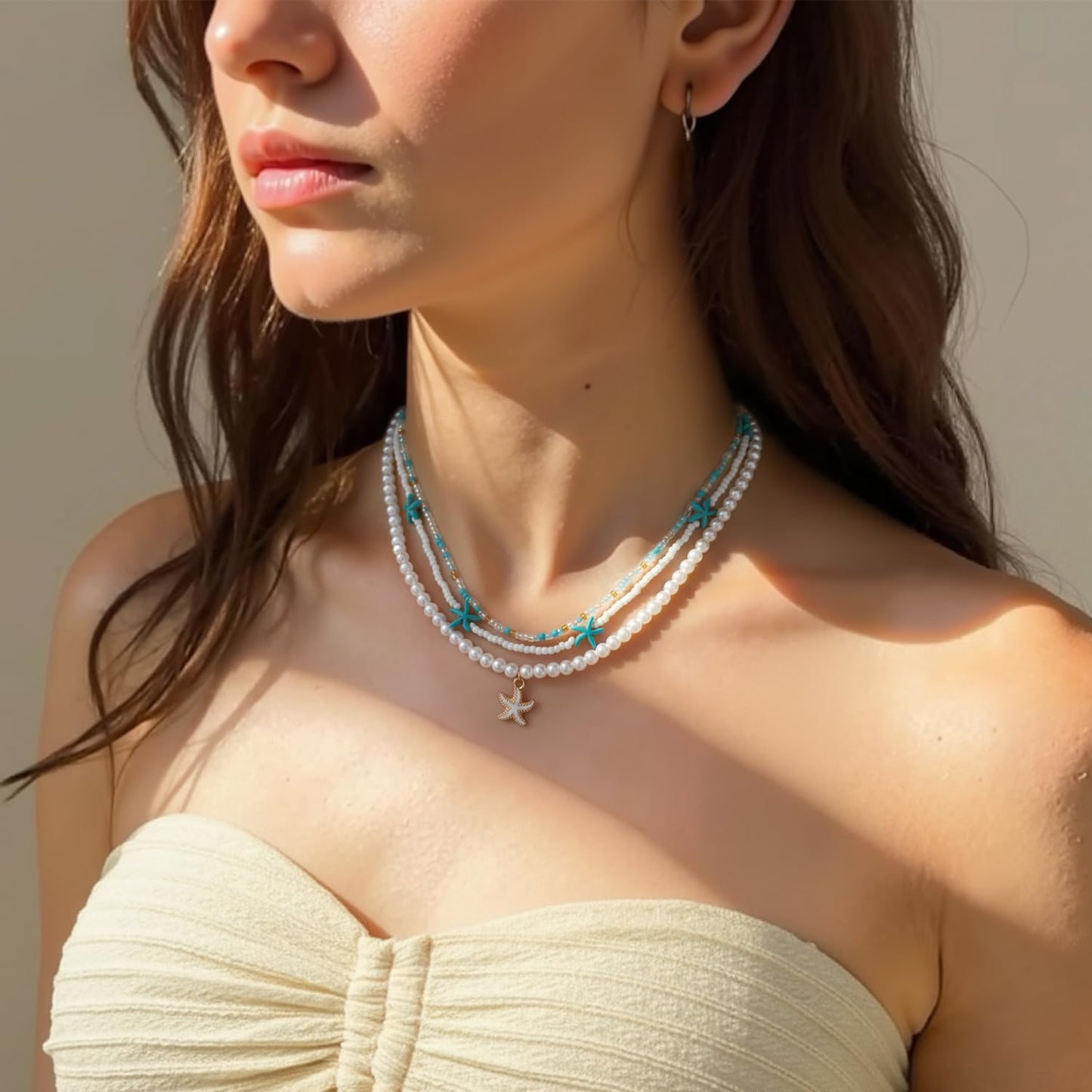 Lameybrt Cowrie Shell Surfer Necklaces, Hawaiian Beach Handmade Choker Set for Women, White Rice Bead with Black Accents, Bohemian Summer Seashell Choker 2 Piece Set, Perfect for Summer Beach Vacation, Birthday, Mother’s Day & Holiday Gifts (Shell 25 Blue