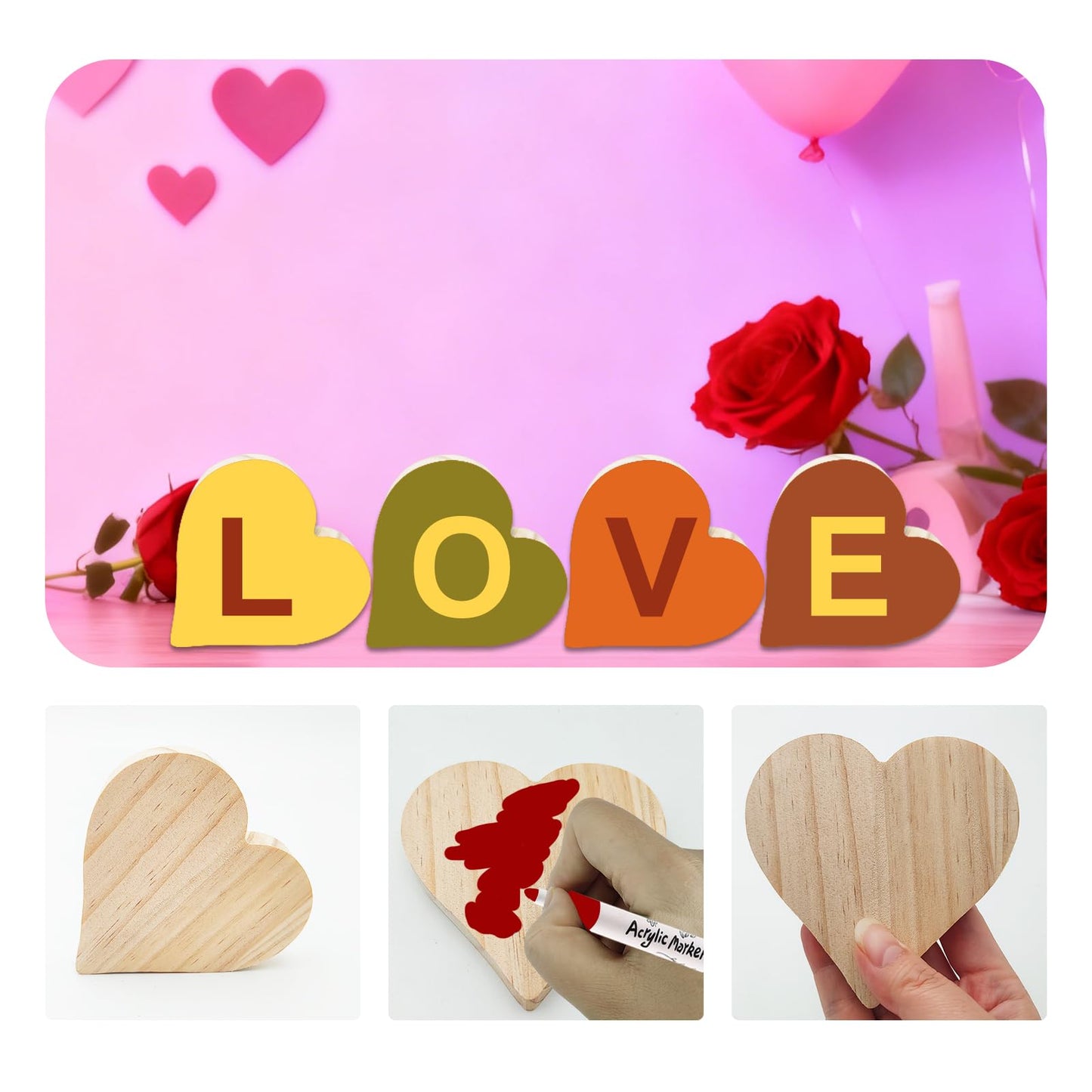 6 Pcs Wooden Blank Cutouts Unfinished Thick Shaped Table Wooden Signs Wood Blocks to Paint for DIY Crafts Holiday Home Tiered Tray Party Decorations Gift Making (Heart)