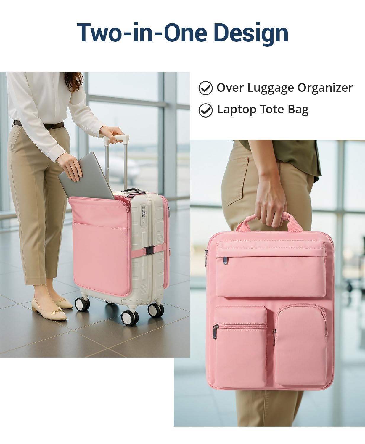 MIAOJIE Over Luggage Organizer Bag for Suitcase with Multi Pockets, 16” Laptop Bag with Handle,Portable Travel Organizer Bags for Luggage with Adjustable Straps,Tote Carry Bag for Women Men(Pink)
